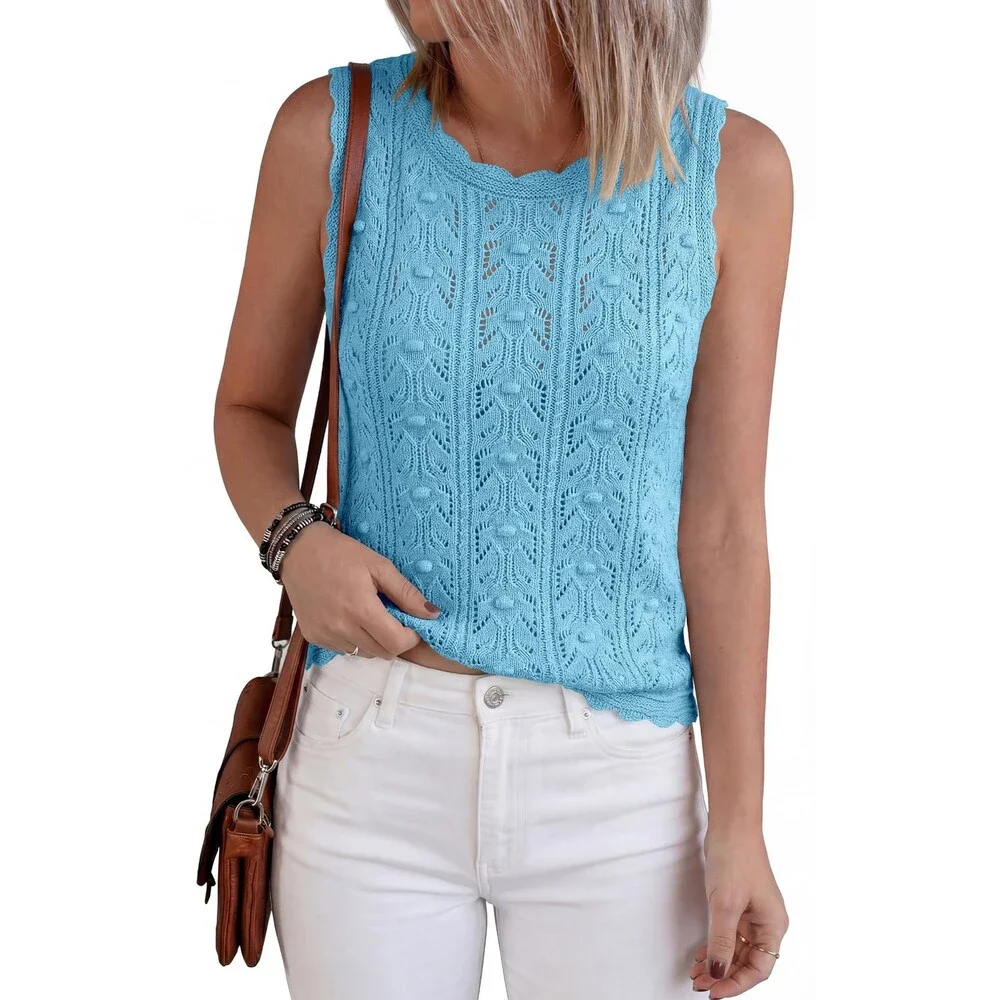 BTFBM Women's Blue Crochet Tops Sleeveless Knit Sweater Vest Tank Top Summer M